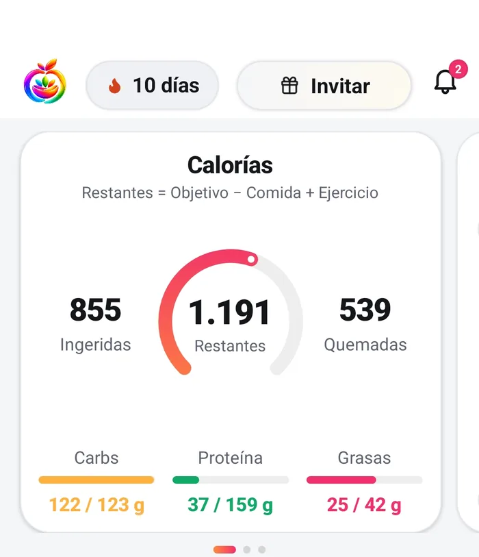 Captura real de la app: la pantalla de inicio de Fotocal con una racha de 10 días — 855 kcal ingeridas, 1.191 restantes, 539 quemadas, y los carbohidratos, la proteína y las grasas del día