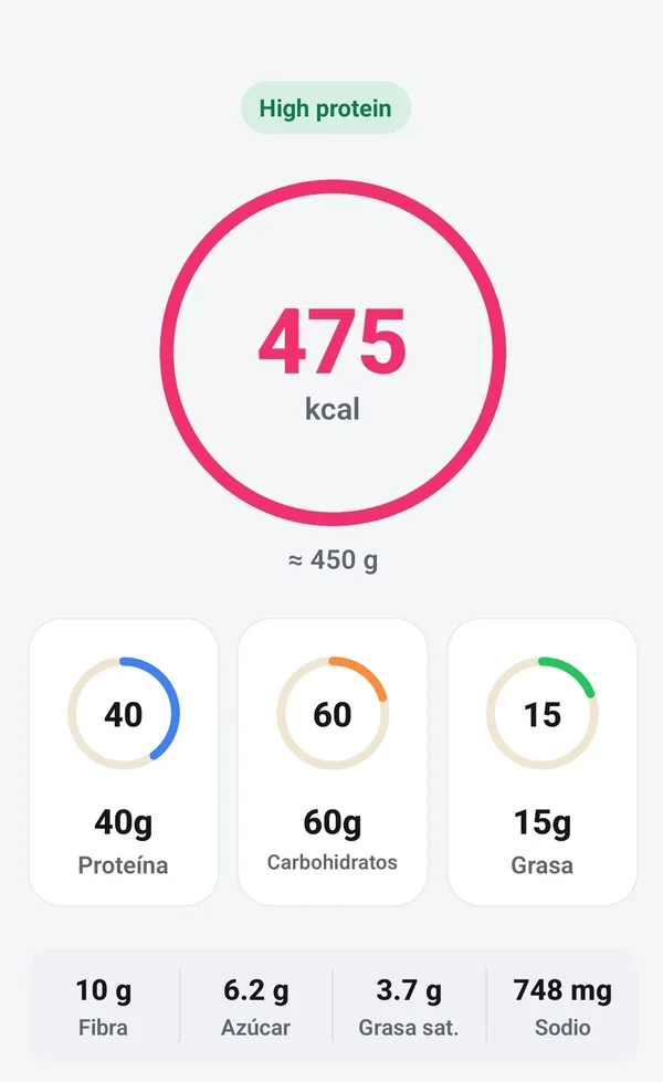 Detalle del alimento: Baked Chicken Bowl, 475 kcal, 40 g de proteína, 60 g de carbohidratos, 15 g de grasa, más fibra, azúcar, grasa saturada y sodio