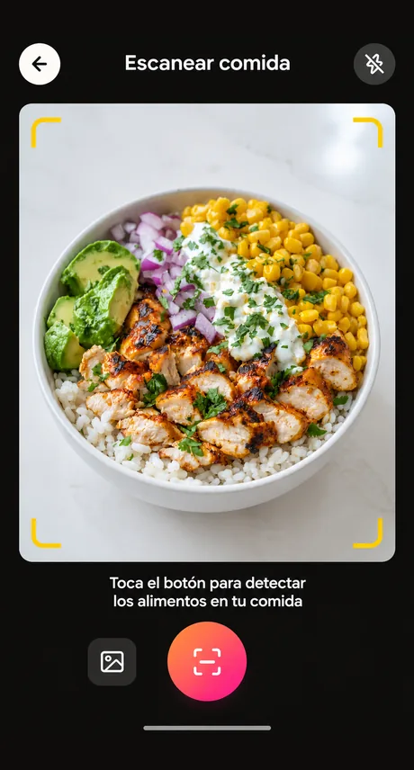La pantalla de escaneo: la cámara encuadra un bol de pollo, lista para detectar los alimentos